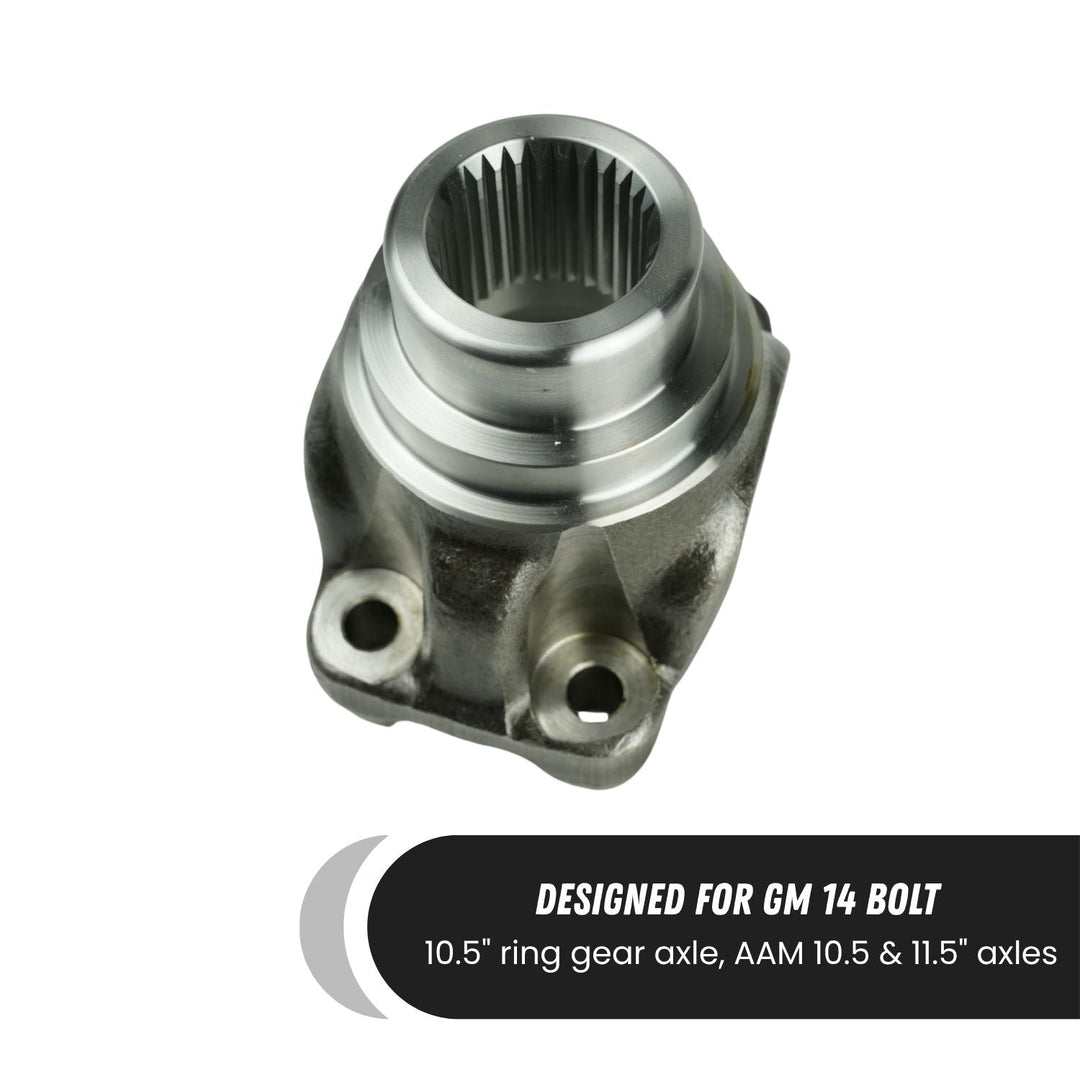 Heavy duty 1480 U-joint yoke GM 14 bolt on a white background with text indicating compatibility with 10.5" ring gear.