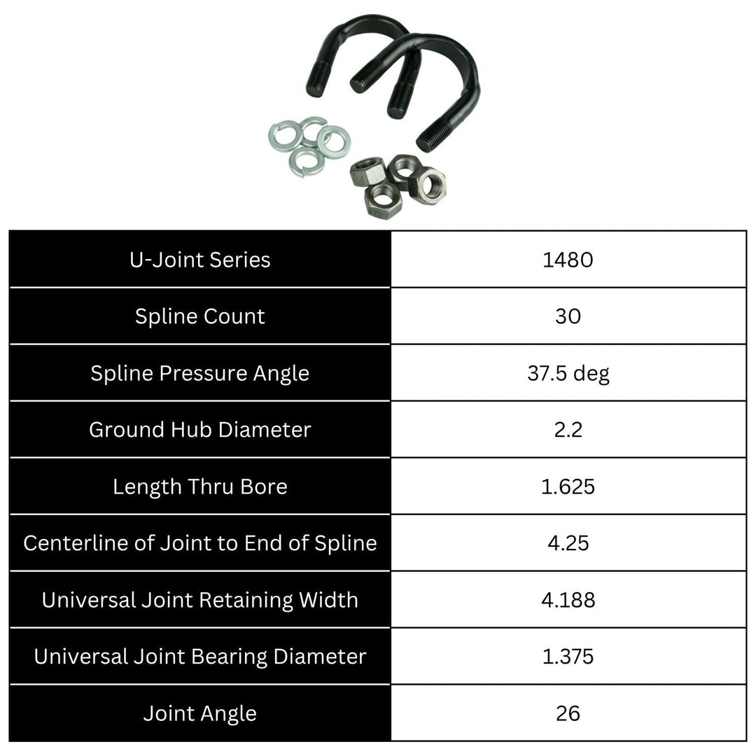 Technical specifications of GM 14 bolt 10.5 yoke upgrade with hardware on a white background