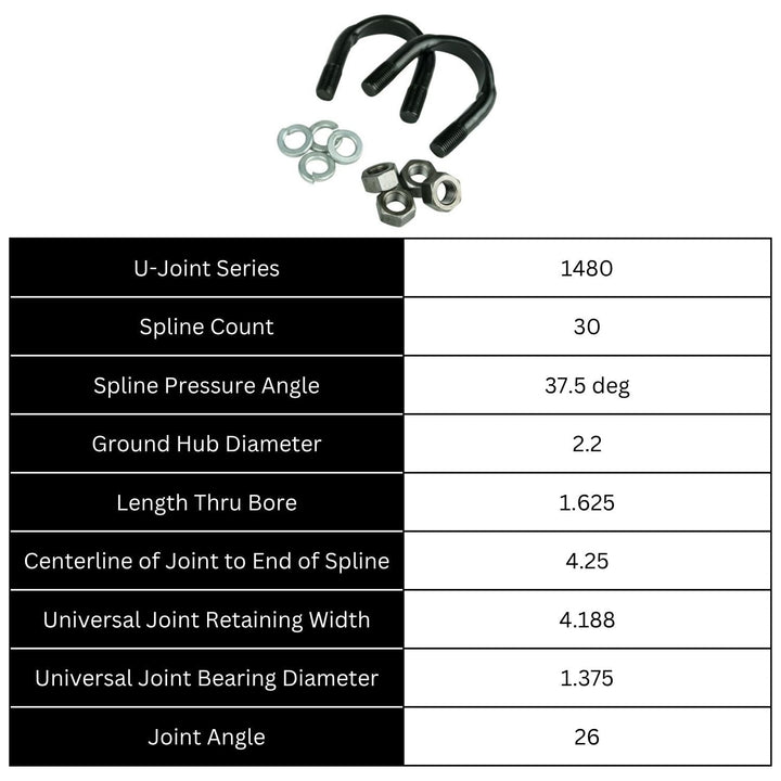 Technical specifications of GM 14 bolt 10.5 yoke upgrade with hardware on a white background