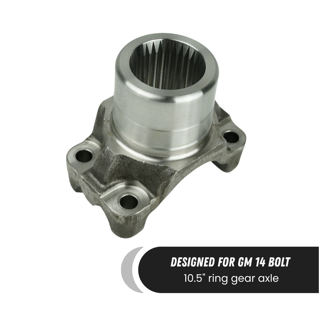 forged u-joint yoke 1350 series with text indicating compatibility for GM 14 bolt 10.5 ring gear axle on a white background