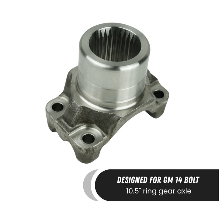 forged u-joint yoke 1350 series with text indicating compatibility for GM 14 bolt 10.5 ring gear axle on a white background