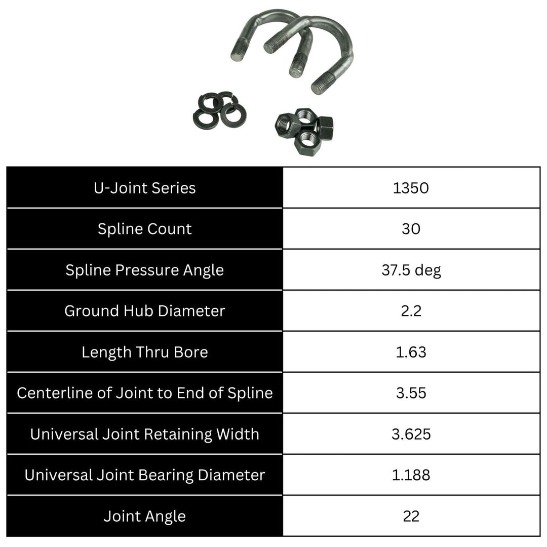 Technical specifications of a GM 14 Bolt forged drivetrain yoke with hardware on a white background
