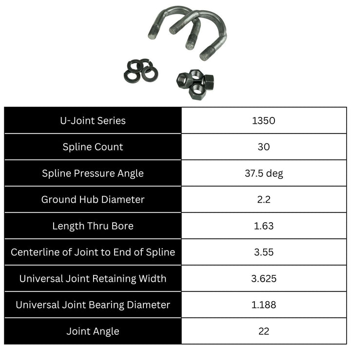 Technical specifications of a GM 14 Bolt forged drivetrain yoke with hardware on a white background