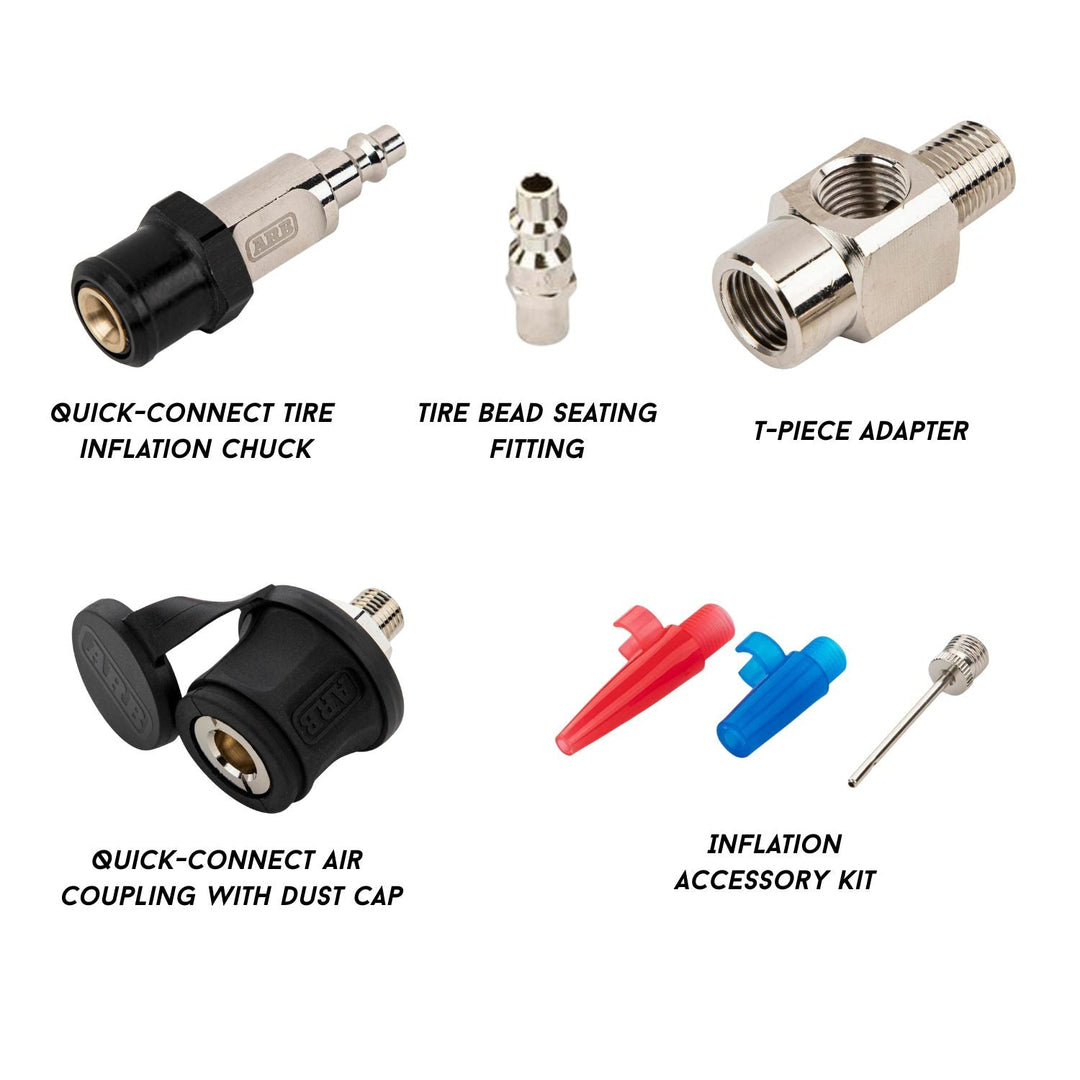 Collection of tire inflator accessories including a quick-connect tire inflation chuck, tire bead seating fitting, T-piece adapter, quick-connect air coupling with dust cap, and an inflation accessory kit on a white background.