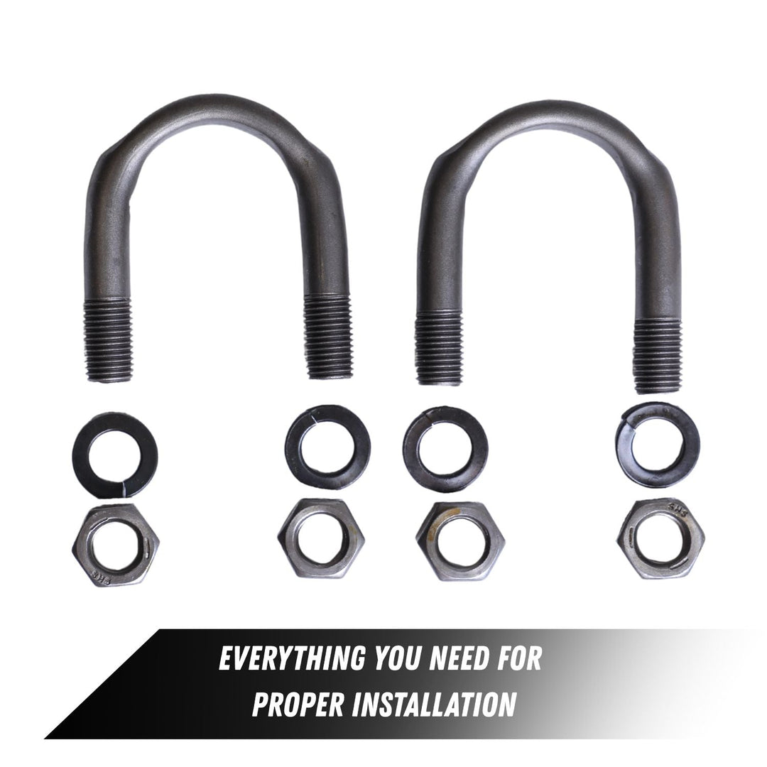 Set of Universal joint U-bolts, washers, and nuts on a white background with text 'Everything you need for proper installation'.