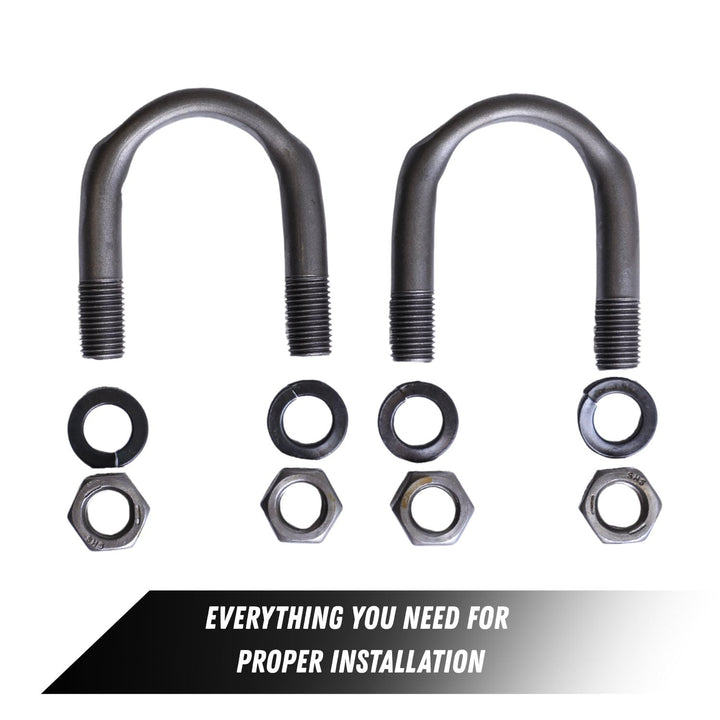 Set of Universal joint U-bolts, washers, and nuts on a white background with text 'Everything you need for proper installation'.