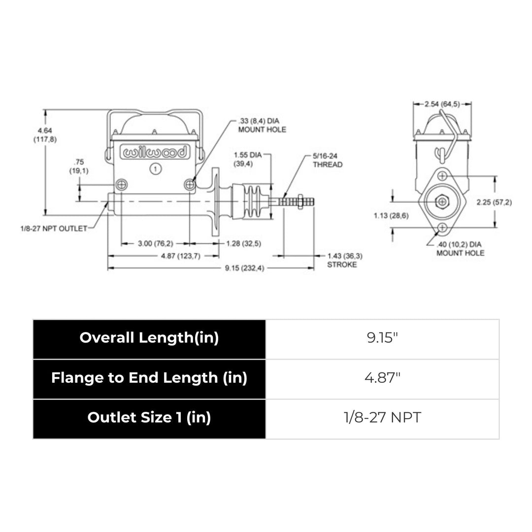 Technical drawing of a Wilwood aluminum racing master cylinder 7/8 with dimensions and specifications.