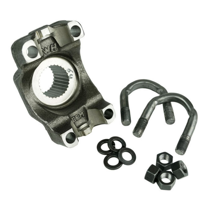 1350 Dana 60 forged U-bolt yoke with bolts and washers on a white background