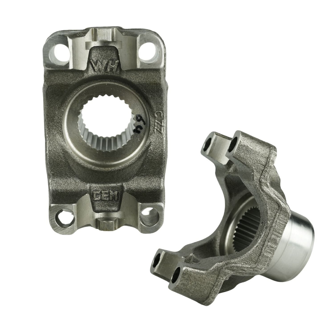 Two Dana 60 29 spline forged yoke on a white background