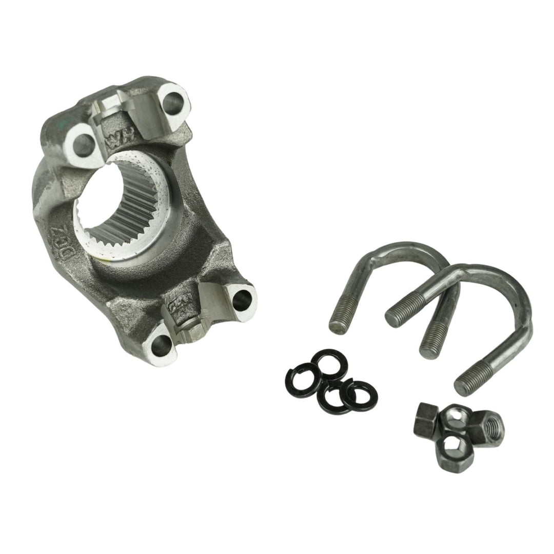 1410 GM 14 bolt forged yoke with additional parts on a white background