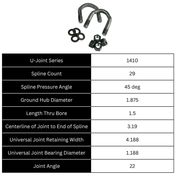 Technical specifications of a 1410 Dana 60 Forged U-Bolt Yoke with hardware on a white background