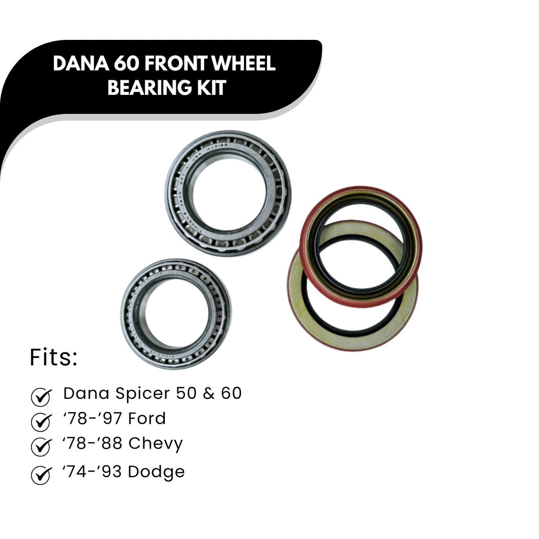 Dana 60 lower knuckle kingpin bearing and seal kit with fitment information on white background