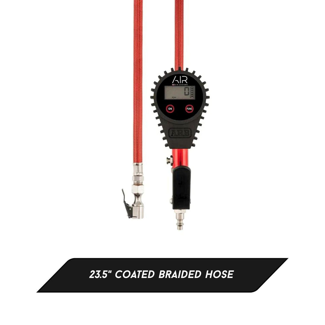 high accuracy off road tire inflator with red coated braided hose on a white background