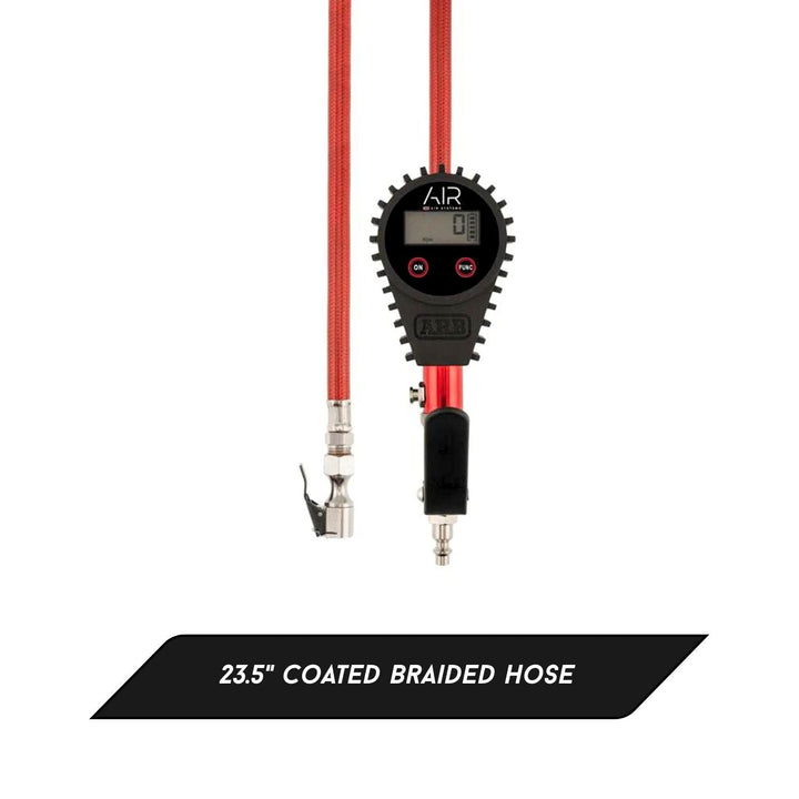 high accuracy off road tire inflator with red coated braided hose on a white background