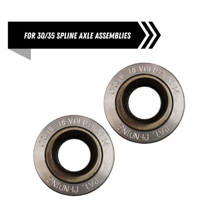 Revolution 14 bolt axle seal housing on a white background with text indicating compatibility for 30/35 spline axle assemblies.