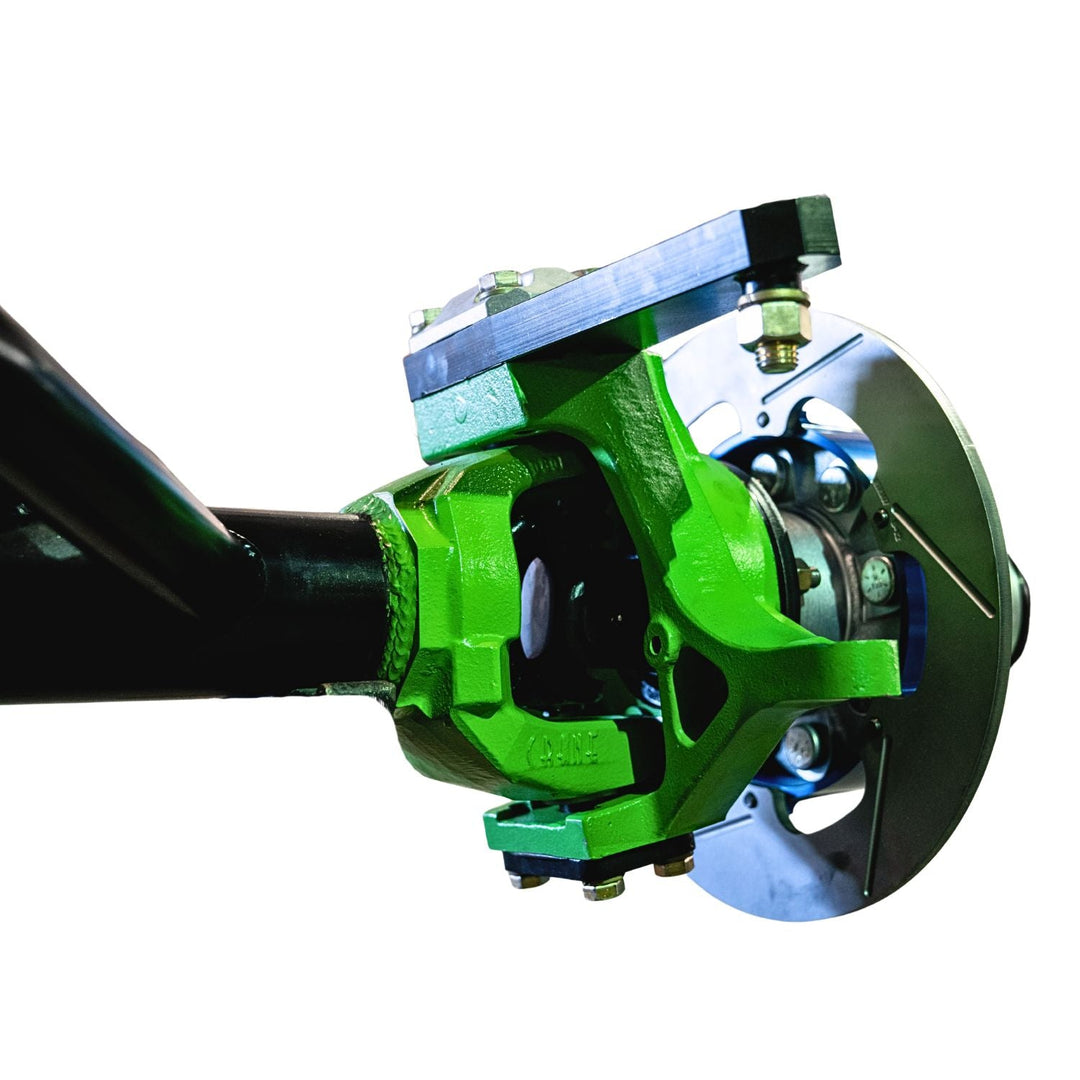Close-up of a green Heavy-duty Dana 60 knuckle inner C for off-road builds on a white background