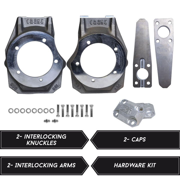 8620 Chromoly Ford Dana 60 Knuckle components with hardware kit on a white background.