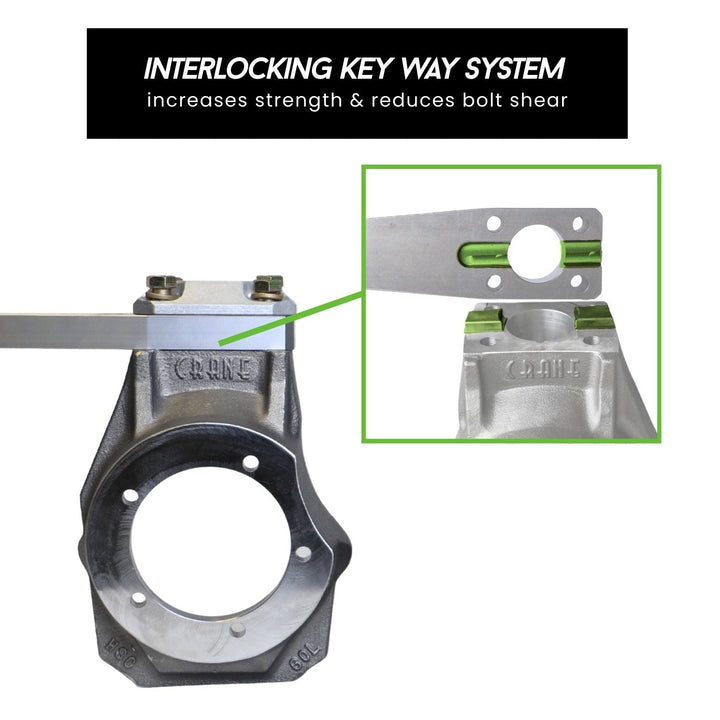 Heavy Duty Dana 60 Off-Road Knuckle with interlocking key way system feature, showing increased strength and reduced bolt shear.