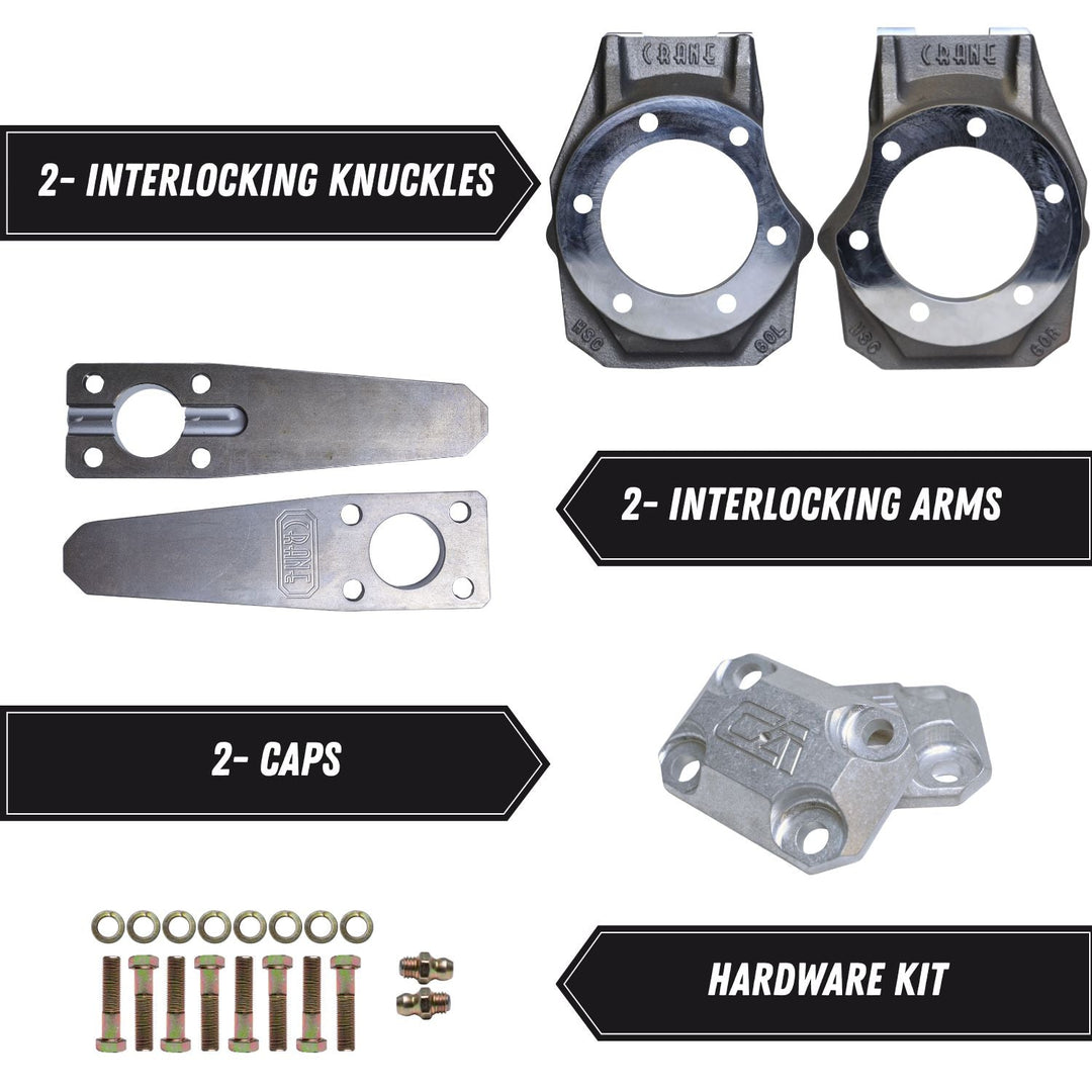 Dodge Dana 60 chromoly knuckle set with interlocking knuckles, interlocking arms, caps, and hardware components on a white background.