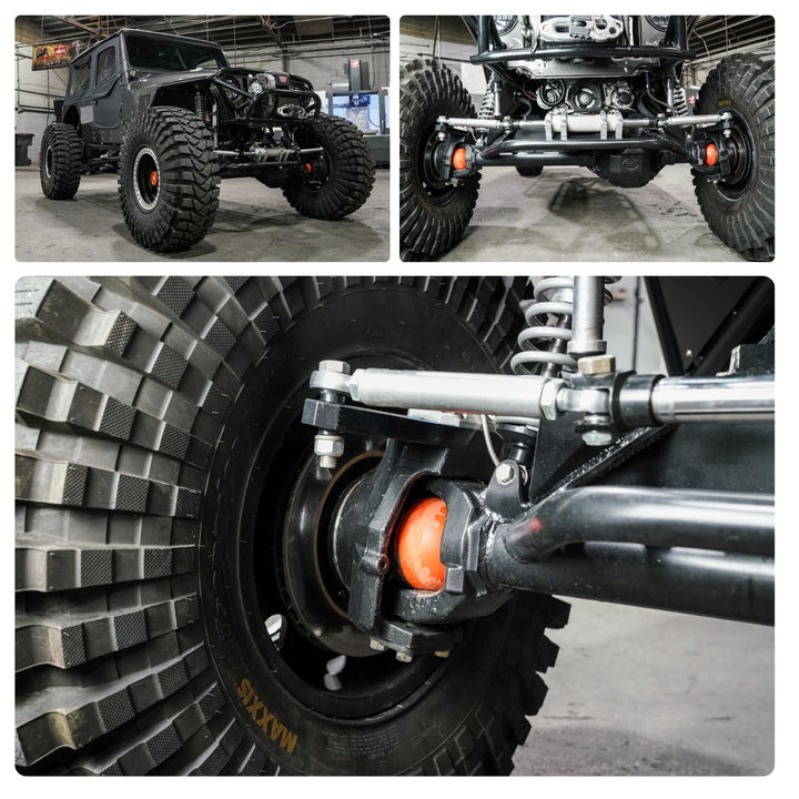 Collage of Dodge Dana 60 chromoly knuckle set in use on an off-road vehicle with close-up details
