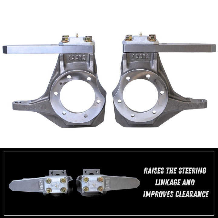 Heavy-duty Dana 60 kingpin knuckle set
on a white background with text indicating their function.