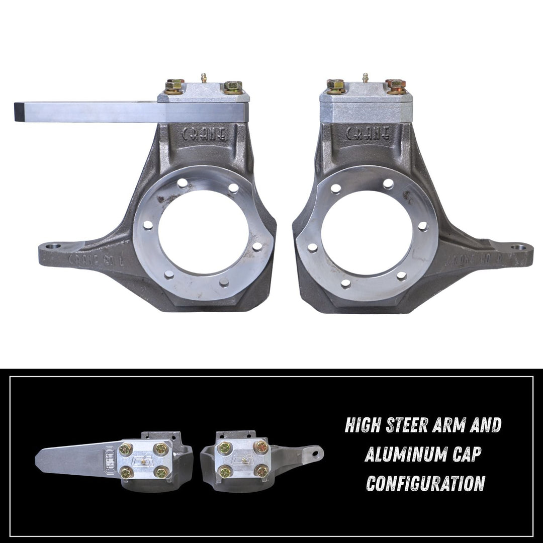 Off-road high steer conversion for GM Dana 60 and aluminum cap configurations on a white background.