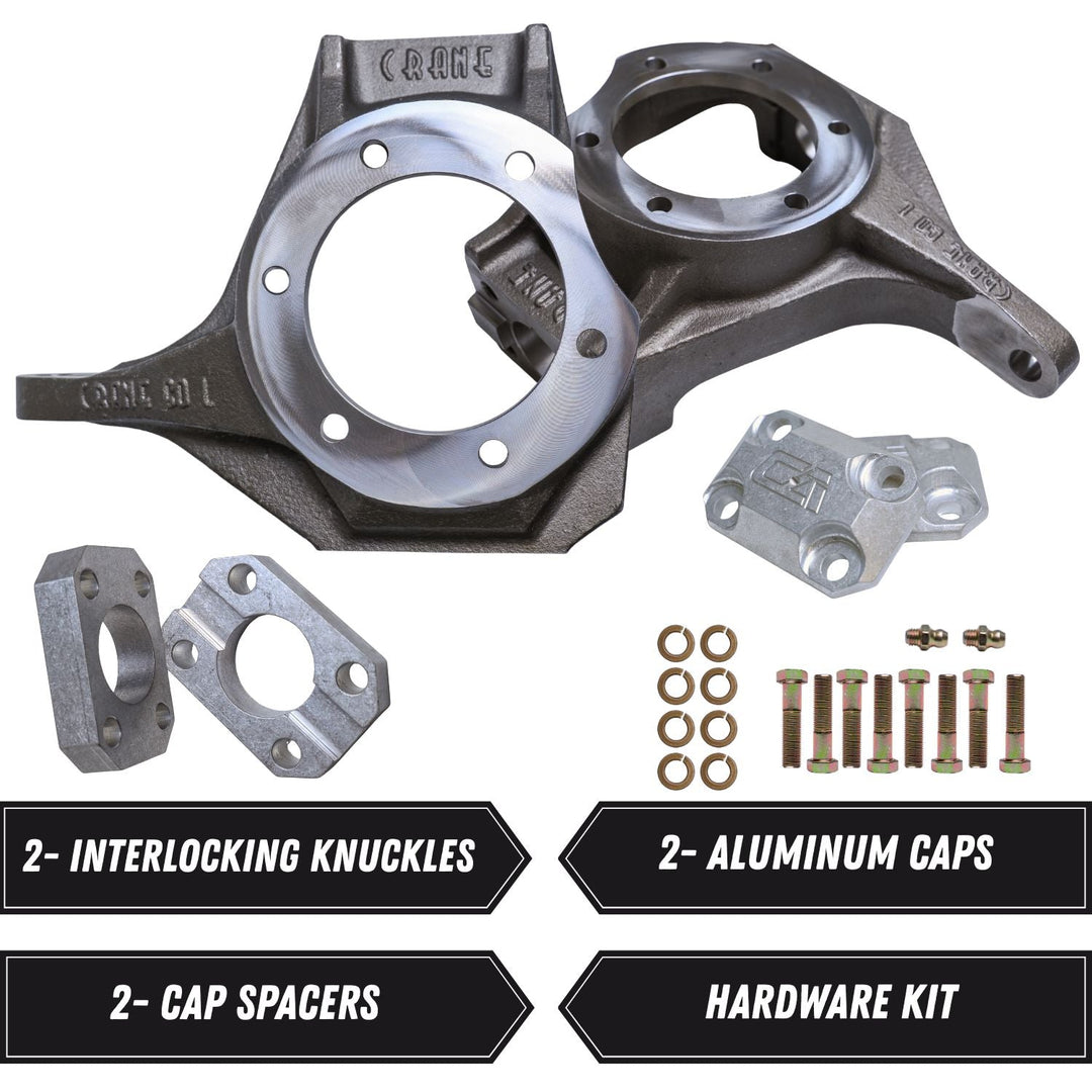8620 chromoly Dana 60 steering upgrade including interlocking knuckles, aluminum caps, cap spacers, and a hardware kit on a white background.
