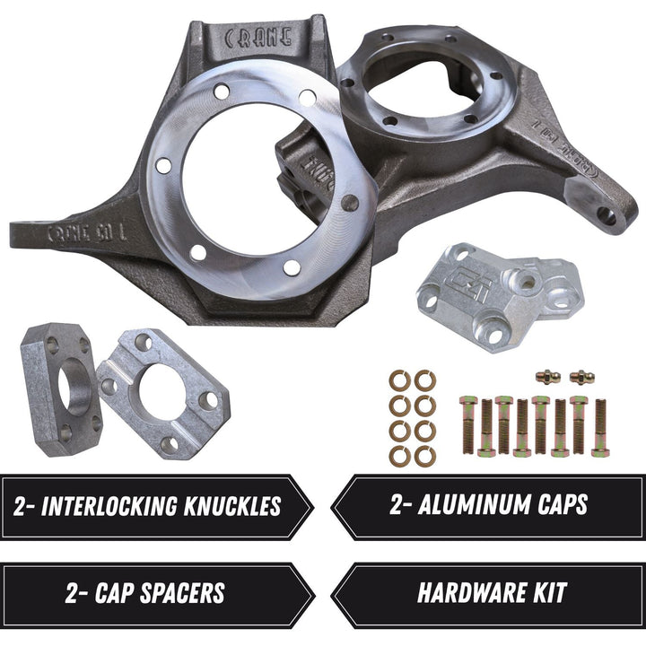 8620 chromoly Dana 60 steering upgrade including interlocking knuckles, aluminum caps, cap spacers, and a hardware kit on a white background.