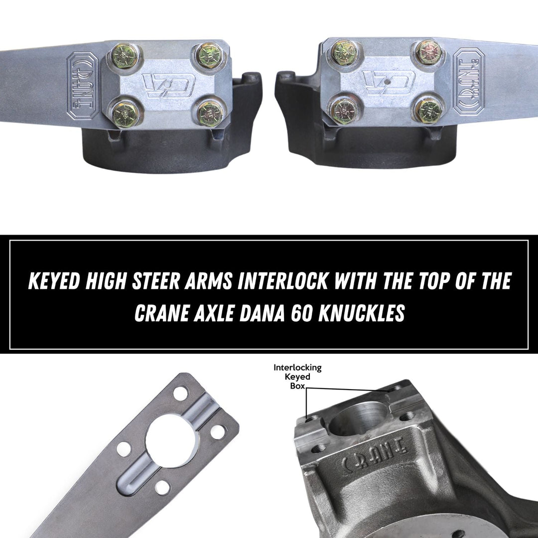Off-road Dana 60 kingpin steering setup with crane axle knuckles on a white background