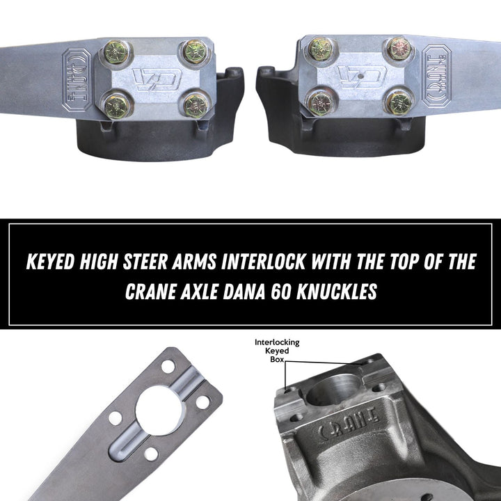 Off-road Dana 60 kingpin steering setup with crane axle knuckles on a white background