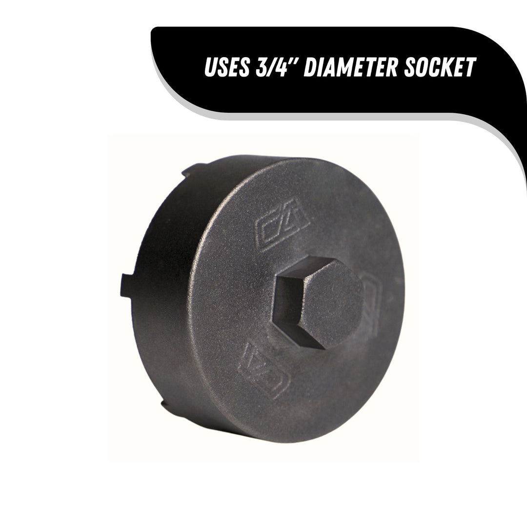 USA made chromoly spindle socket with text indicating it uses a 3/4" diameter socket on a white background.