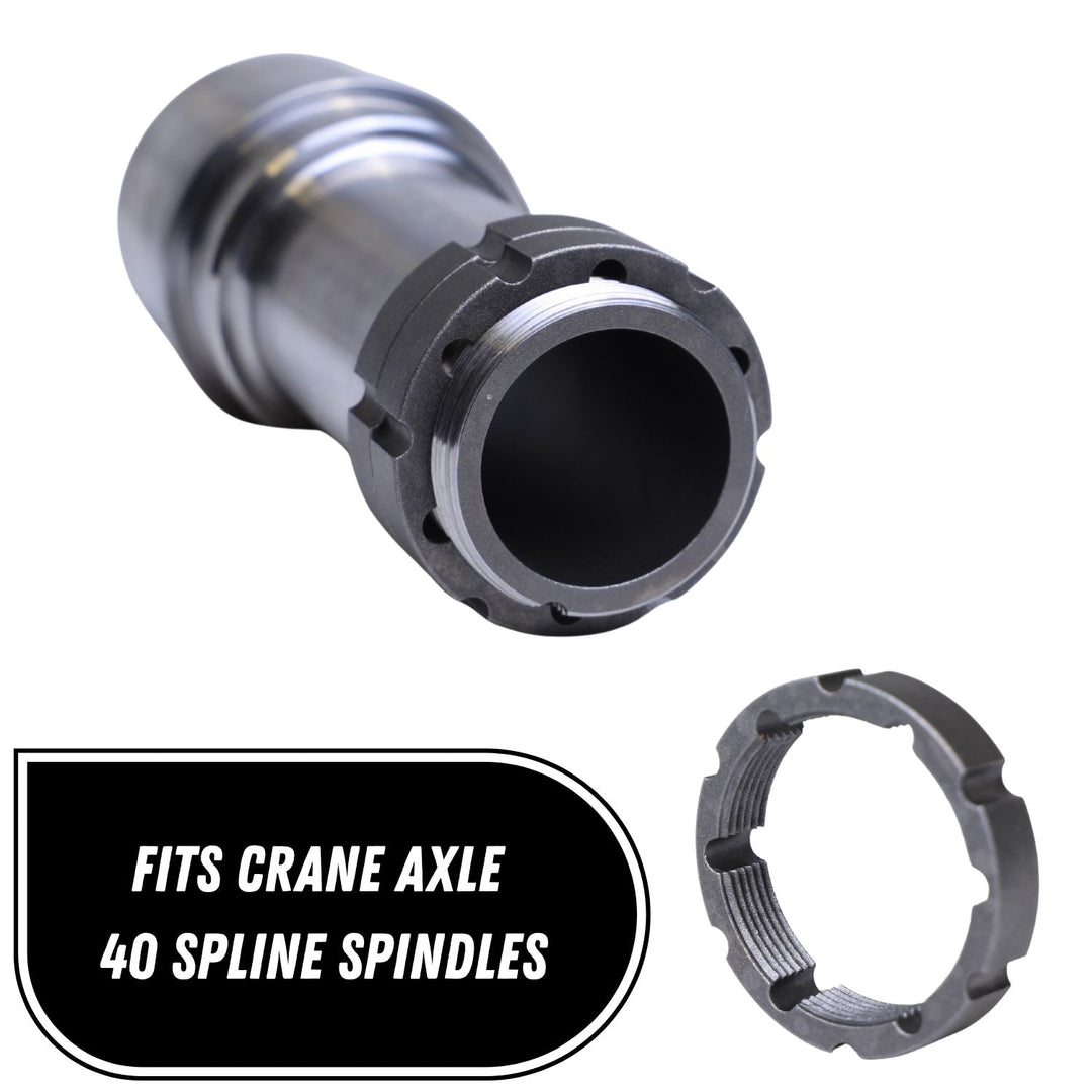 40 spline spindle locking system with text indicating compatibility with crane axle 40 spline spindles on a white background.