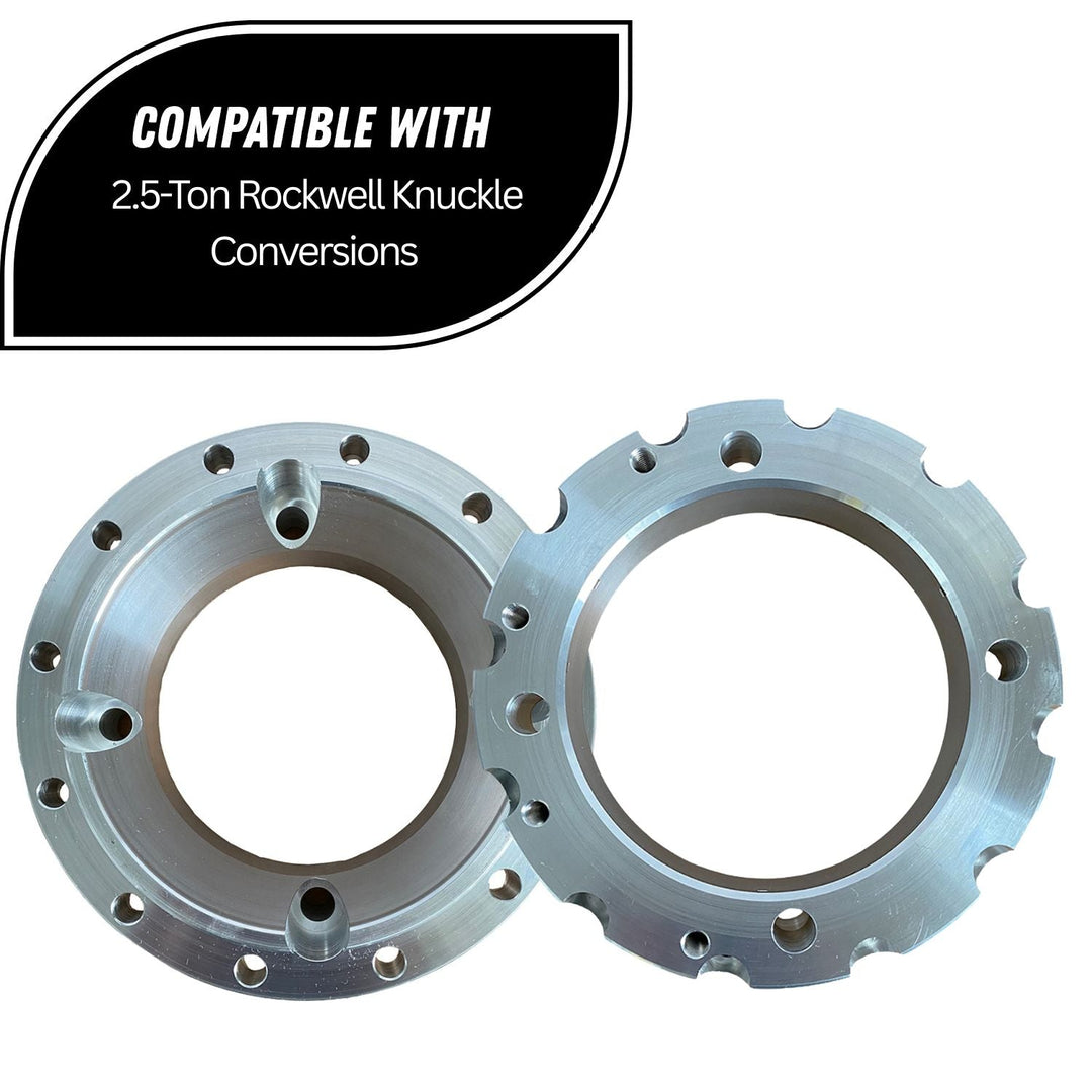 Rockwell knuckle to Super Duty bearing adapter with text indicating compatibility on a white background