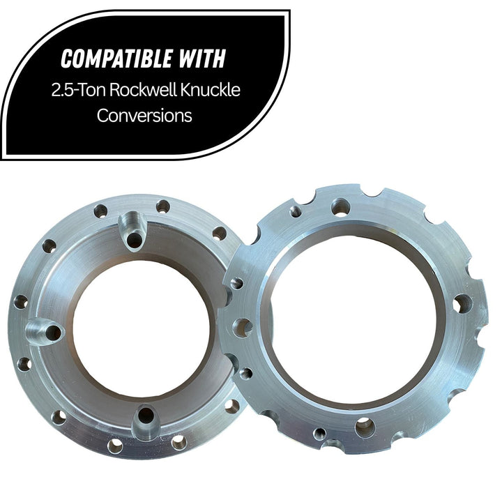 Rockwell knuckle to Super Duty bearing adapter with text indicating compatibility on a white background