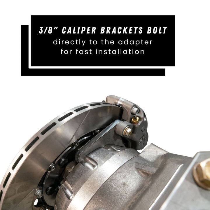 Super Duty unit bearing bolt-on brake conversion with 3/8" caliper brackets bolted to an adapter on a white background.