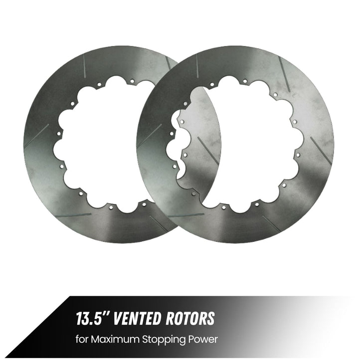 Two 13.5 inch vented Crane Axle 05+ Super Duty front brakes with text on a white background