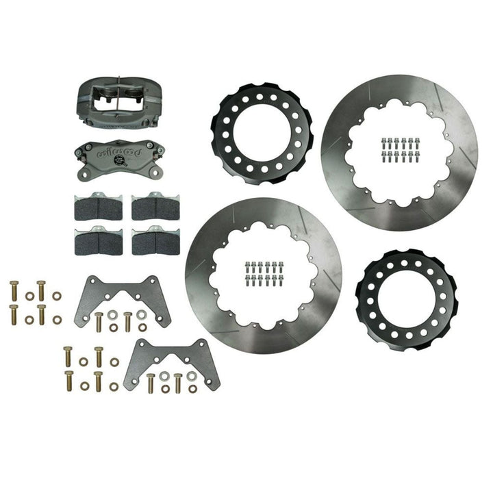 Collection of Rear Super Duty unit bearing brake kit including rotors, pads, and hardware on a white background