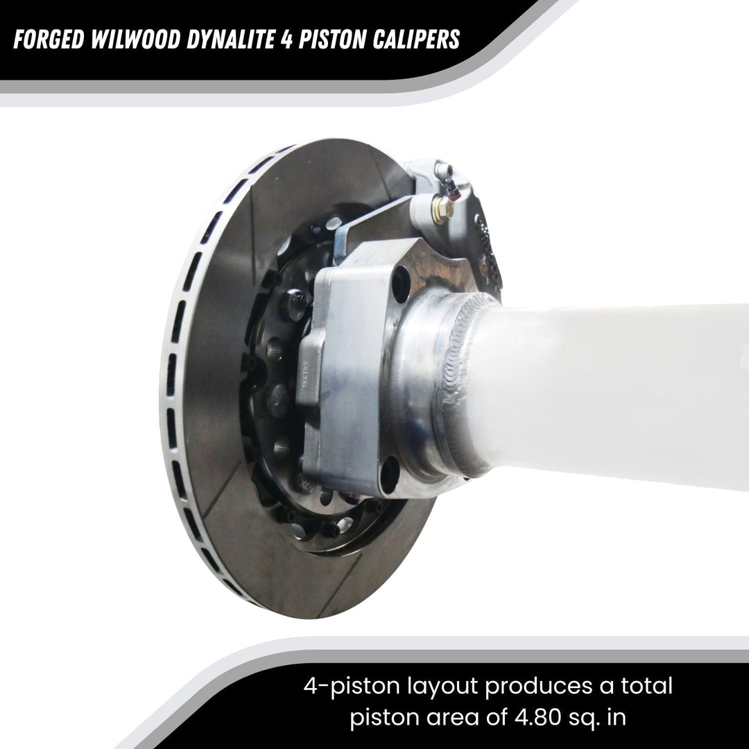 Lightweight Wilwood 4 piston off-road brakes on a white background, featuring 'Forged Wilwood Dynalite 4 Piston Calipers'.