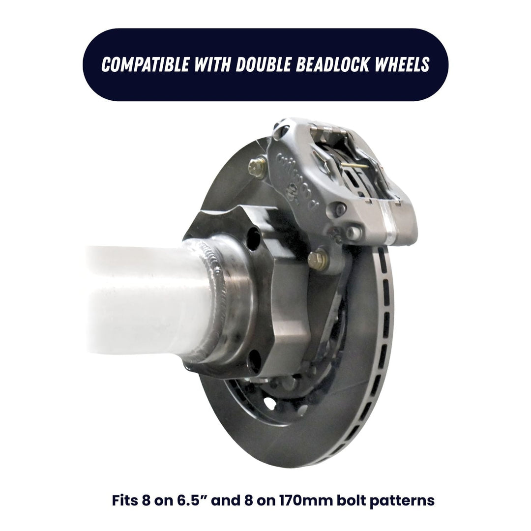 Close-up of a double beadlock wheel hub with compatibility text on a white background