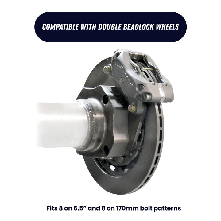 Close-up of a double beadlock wheel hub with compatibility text on a white background