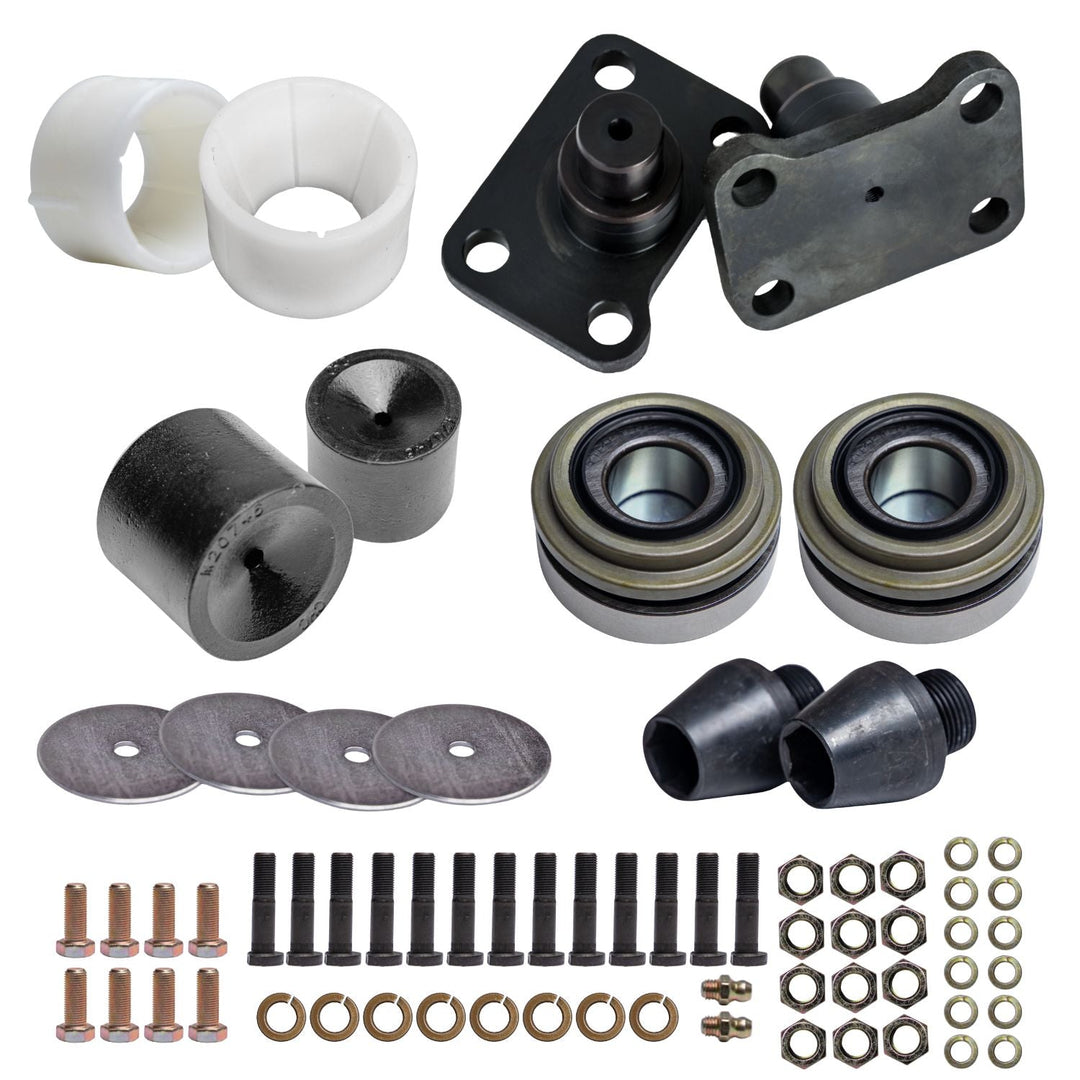 GM Dana 60 kingpin rebuild kit including bearings, washers, and bolts on a white background