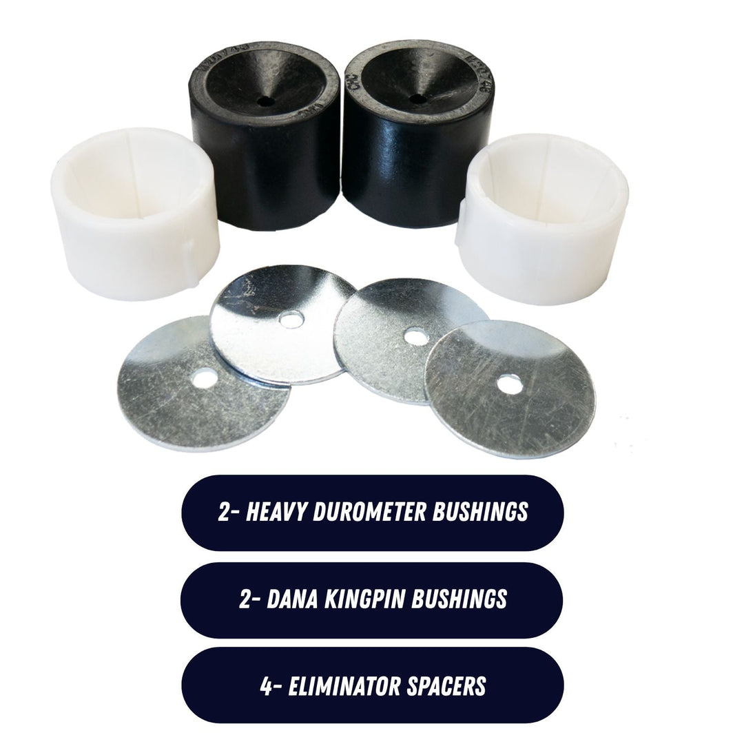 Crane Axle kingpin component set with labeled types on a white background