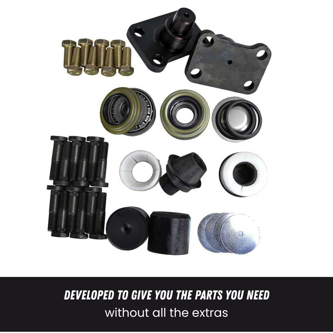 Dana 60 kingpin steering knuckle parts including bolts, washers, and bearings on a white background.