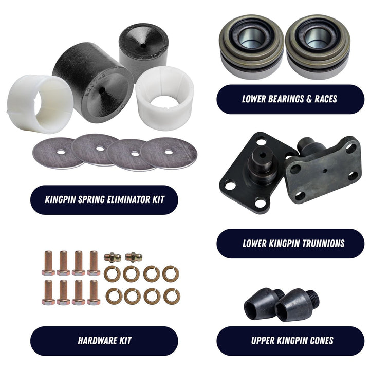Ford Dana 60 Kingpin rebuild kit parts including bearings, trunnions, and hardware on a white background.