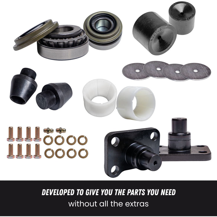 Dana 60 steering knuckle component kit parts including bearings, washers, and brackets on a white background.