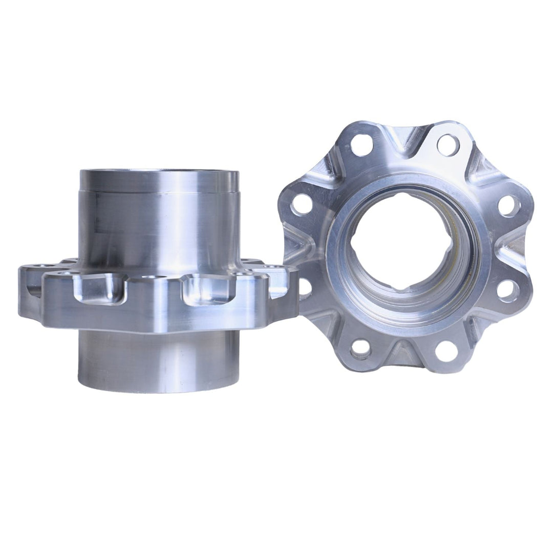 14 bolt 40 spline aluminum wheel hubs and bearing assembly on a white background