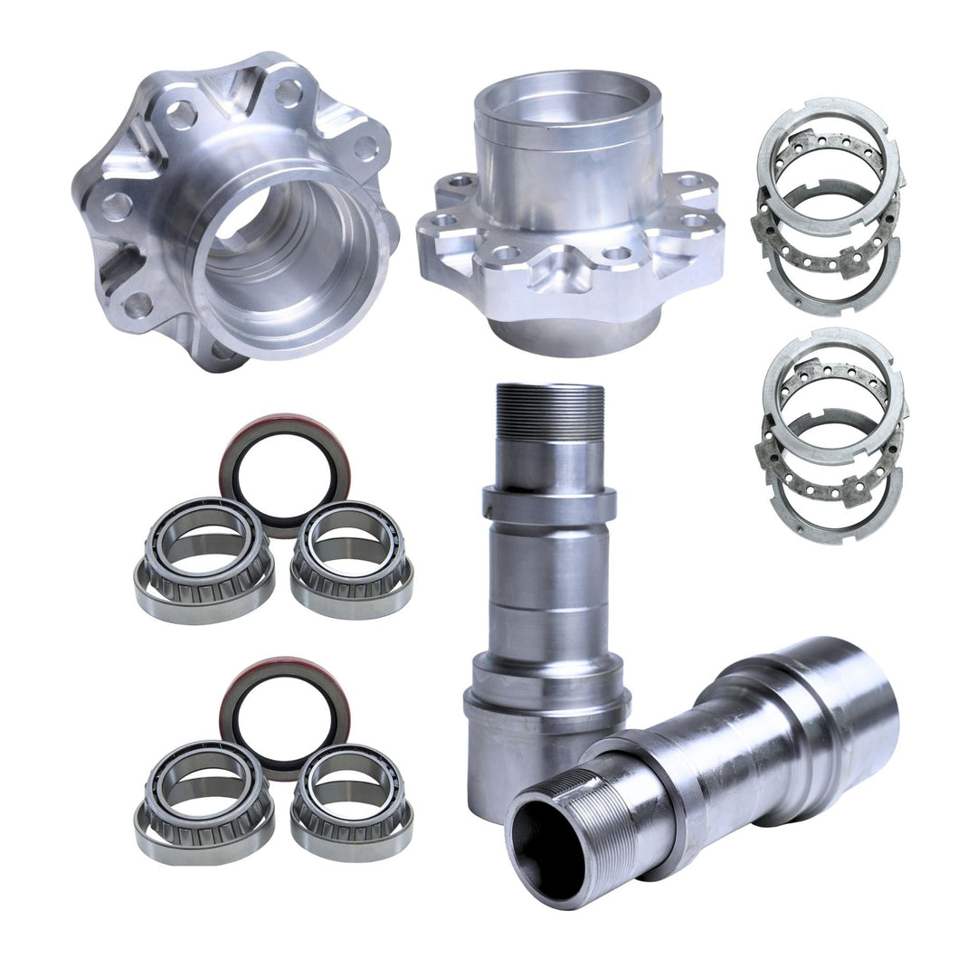 GM 14-Bolt billet spindle and hub kit on a white background