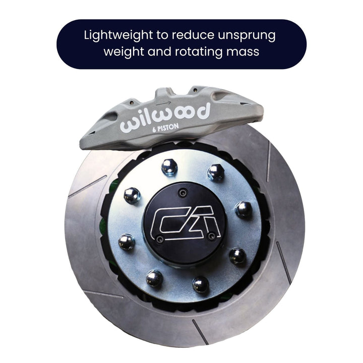 Lightweight 6 piston off-road brake kit information on a white background