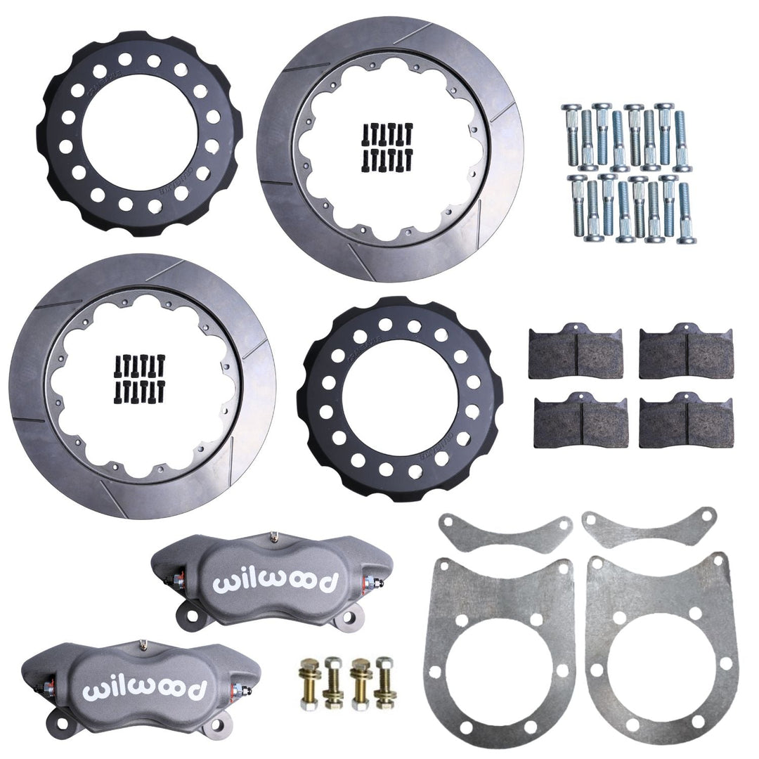 GM Dana 60 Wilwood brake kit including rotors, calipers, and pads on a white background