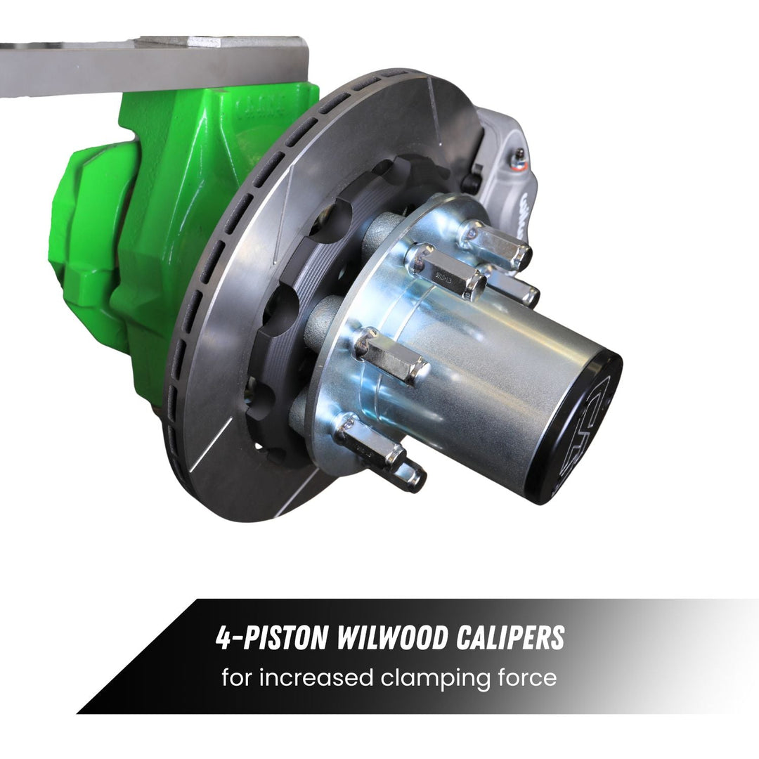 Wilwood 4 piston Dana 60 brakes with green housing on a white background